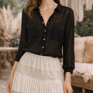 Vintage Fashion Web Black Sheer Button Down Front Back Blouse Size Medium Y2K